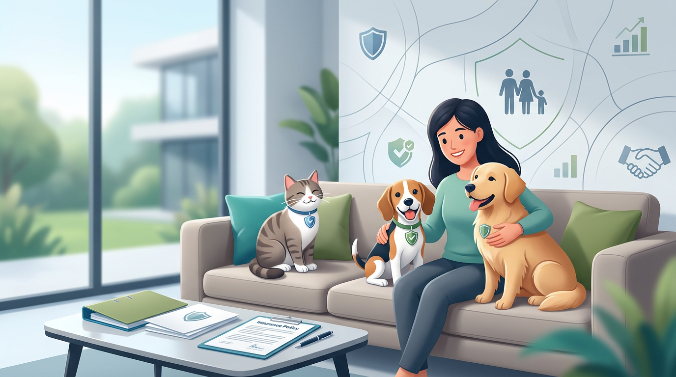 Eine Frau sitzt auf einem Sofa mit Katze, Beagle und Golden Retriever, alle tragen Halsbänder mit Schild-Symbol.