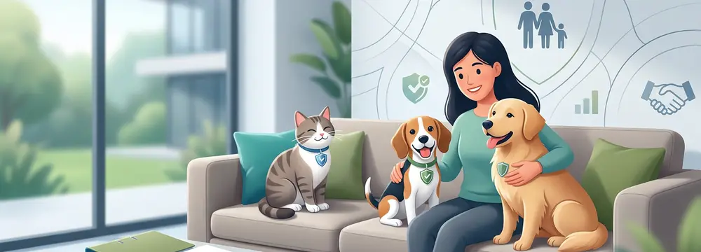 Eine Frau sitzt auf einem Sofa mit Katze, Beagle und Golden Retriever, alle tragen Halsbänder mit Schild-Symbol.