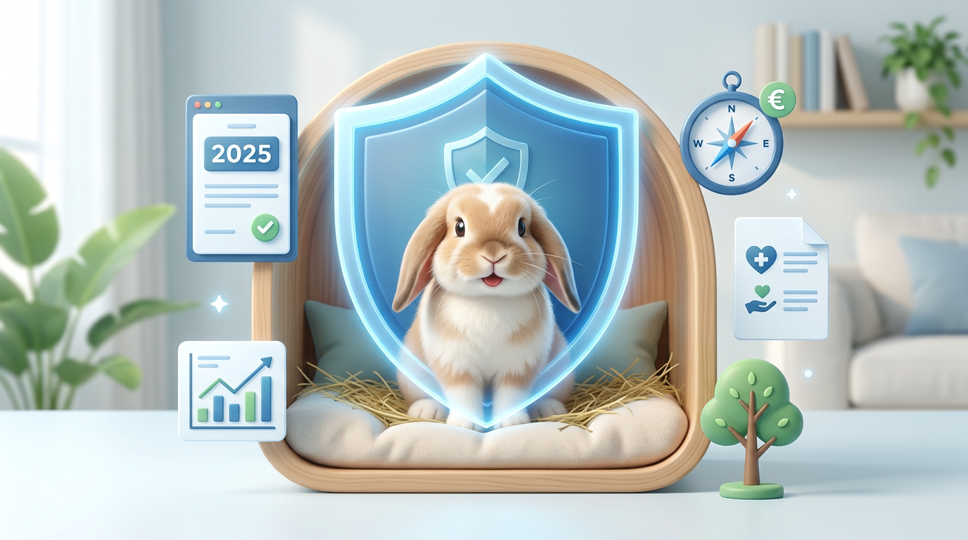 Niedliches Kaninchen in einem gemütlichen Nest, umgeben von Icons, die Tierschutz und Finanzen repräsentieren.