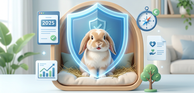 Niedliches Kaninchen in einem gemütlichen Nest, umgeben von Icons, die Tierschutz und Finanzen repräsentieren.