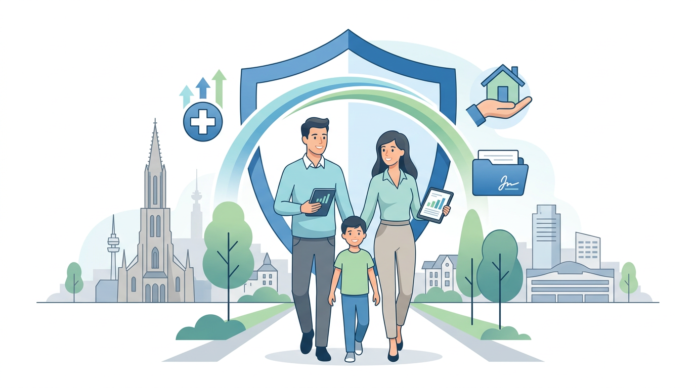 Familie in Ulm und Neu-Ulm, geschützt durch Versicherung, mit Icons für Gesundheit, Eigentum und Finanzen.