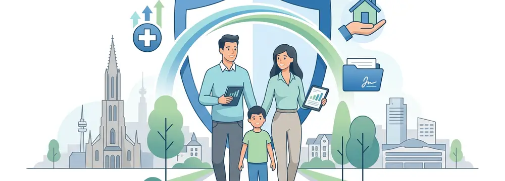 Familie in Ulm und Neu-Ulm, geschützt durch Versicherung, mit Icons für Gesundheit, Eigentum und Finanzen.