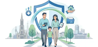 Familie in Ulm und Neu-Ulm, geschützt durch Versicherung, mit Icons für Gesundheit, Eigentum und Finanzen.