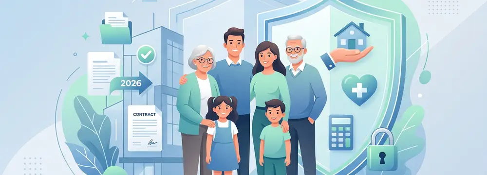 Familie mit drei Generationen vor Schutzschild, Dokumenten (2026, Vertrag), Haus & Herzsymbol. Vorsorge & Sicherheit.