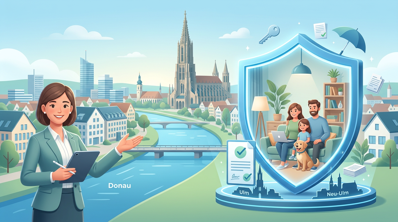 Versicherungsberaterin präsentiert Schutzschild mit Familie vor Ulm und Neu-Ulm-Kulisse und Donau.