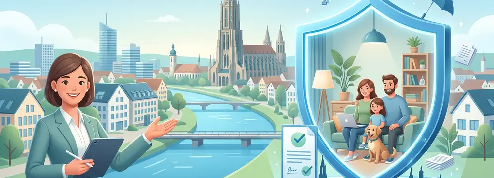 Versicherungsberaterin präsentiert Schutzschild mit Familie vor Ulm und Neu-Ulm-Kulisse und Donau.