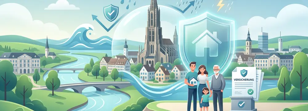 Familie geschützt in Ulm vor Hochwasser, Starkregen und Sturm durch einen Versicherungs-Schutzschild.