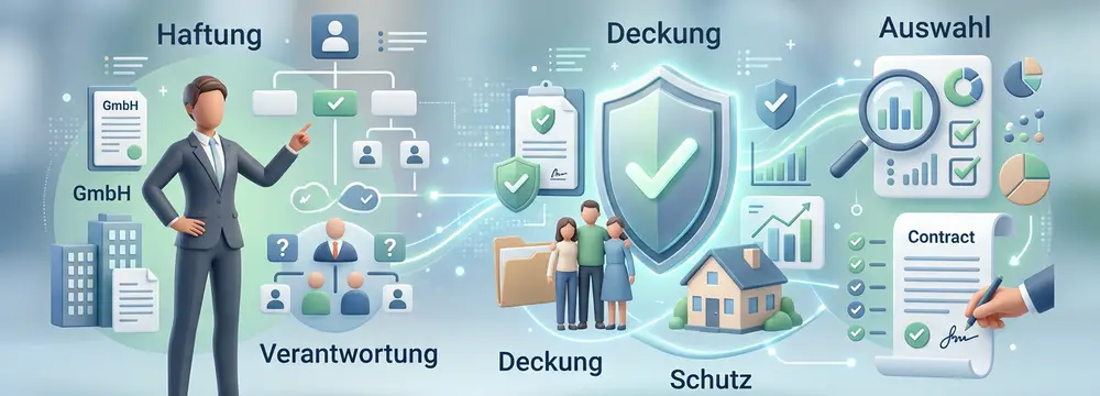 Illustration zu D&O-Versicherung: Geschäftsführer, Haftung, Verantwortung, Deckung durch Schild, Familie, Haus, und Auswahl mit Vertrag.