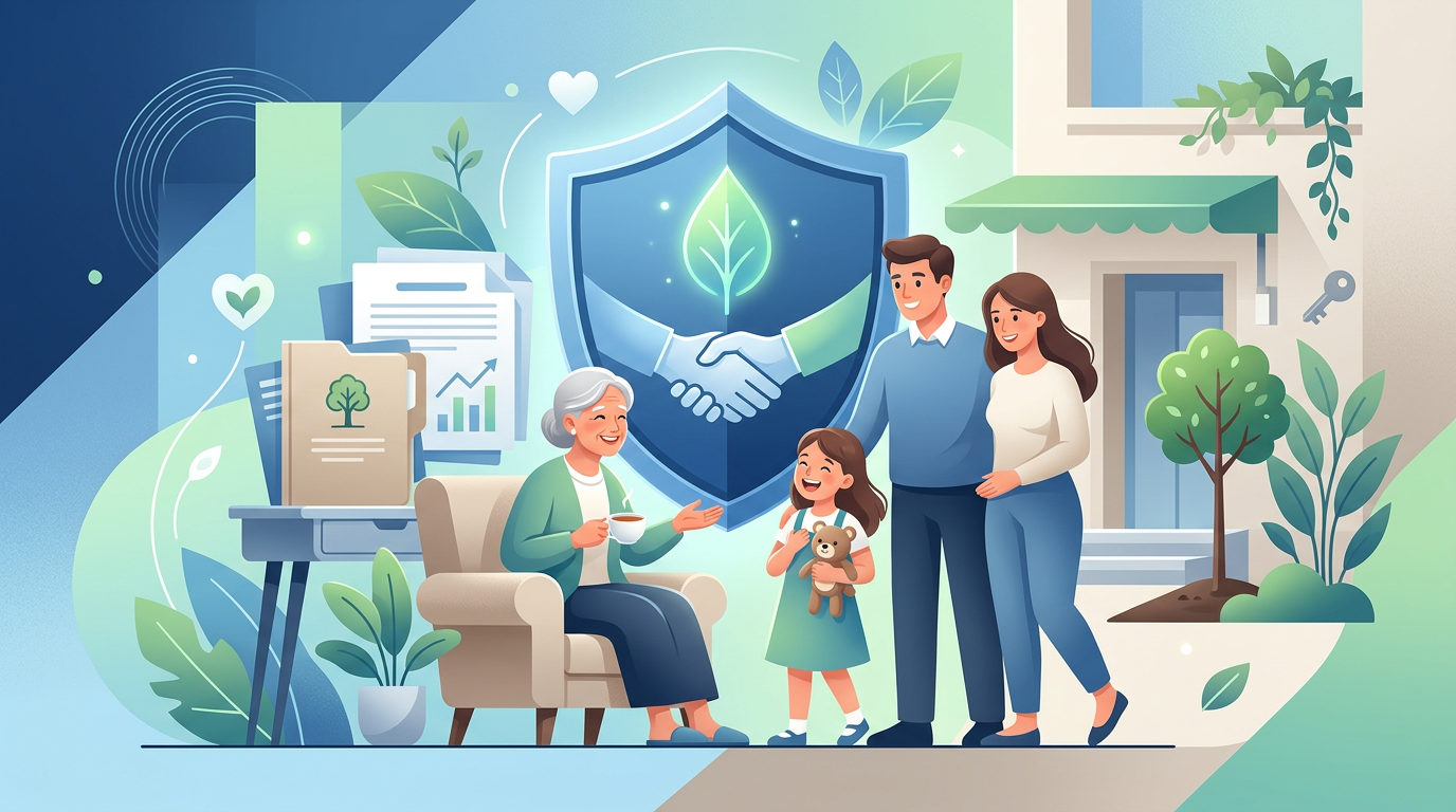 Illustration einer Familie mit Großmutter, umarmt von einem grünen Schild mit Handschlag.