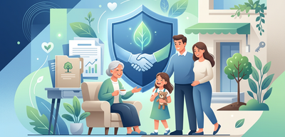 Illustration einer Familie mit Großmutter, umarmt von einem grünen Schild mit Handschlag.