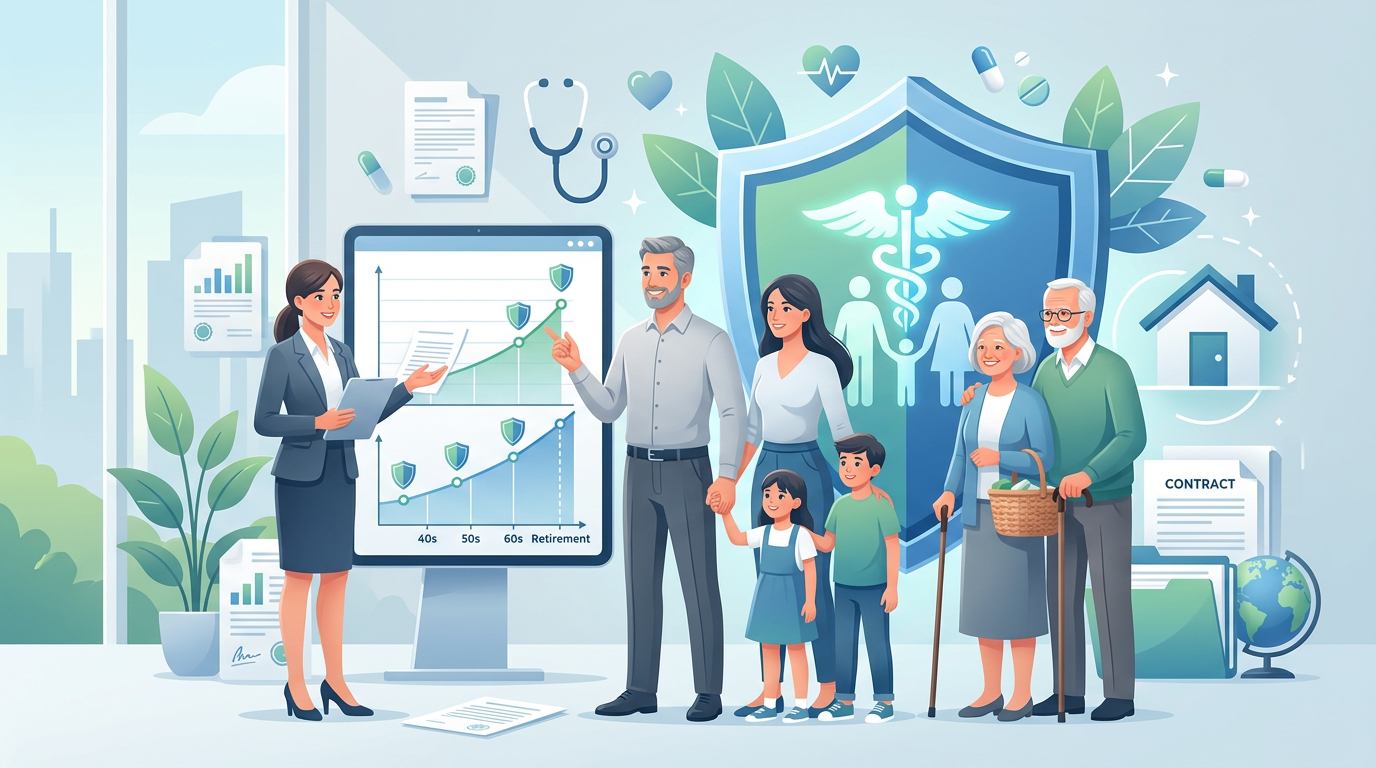 Beraterin erklärt Familie Kostenentwicklung der privaten Krankenversicherung im Alter. Schutzschild symbolisiert Absicherung.