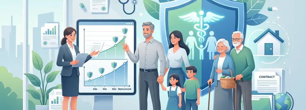 Beraterin erklärt Familie Kostenentwicklung der privaten Krankenversicherung im Alter. Schutzschild symbolisiert Absicherung.