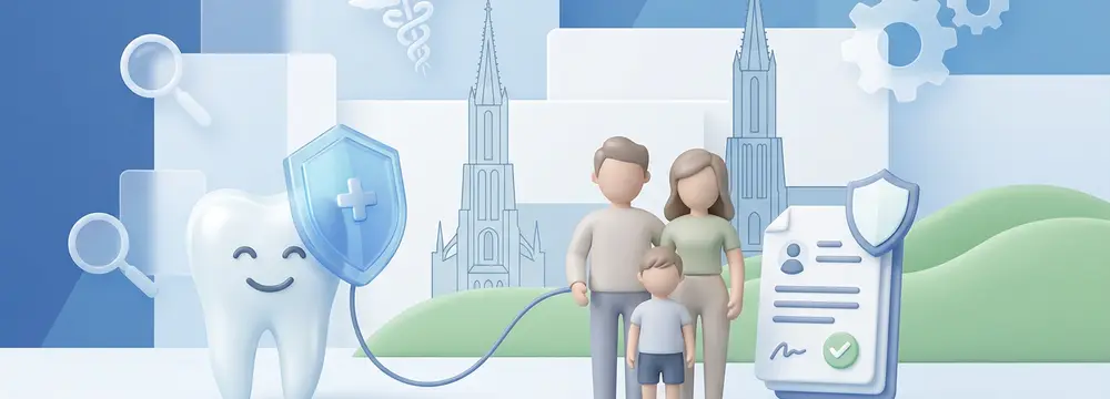 Lächelnder Zahn mit Schutzschild, Familie, Ulm-Münster und Versicherungsdokument. Symbolisiert Zahnzusatzschutz.