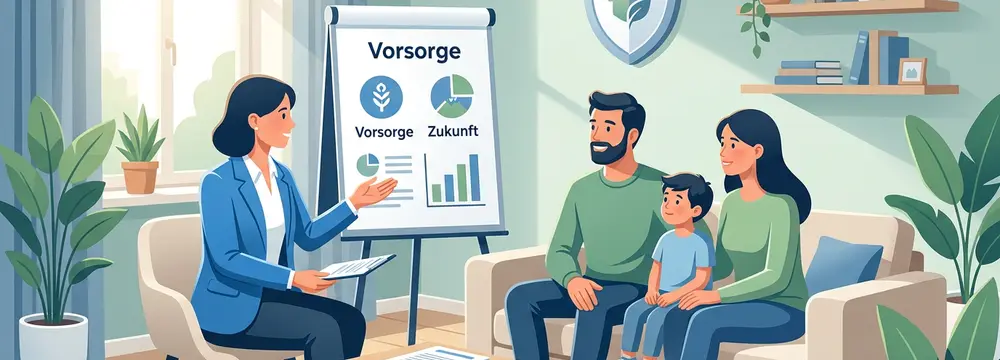 Beraterin erklärt Familie auf dem Sofa Altersvorsorge mit Flipchart-Grafiken, umgeben von Pflanzen.