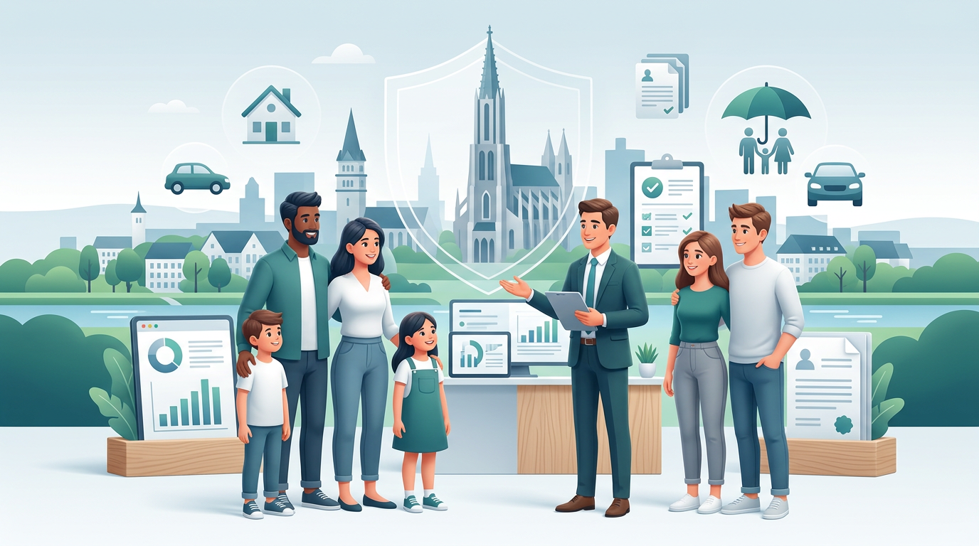 Familien in Ulm werden von Versicherungsmakler beraten, mit Icons für Haus, Auto und Lebensversicherung.