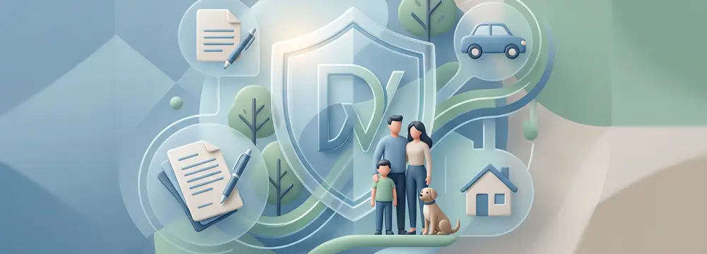 Karikatur einer Familie mit Hund, Schild, Haus, Auto und Dokumenten vor abstraktem Hintergrund, symbolisiert Versicherung.