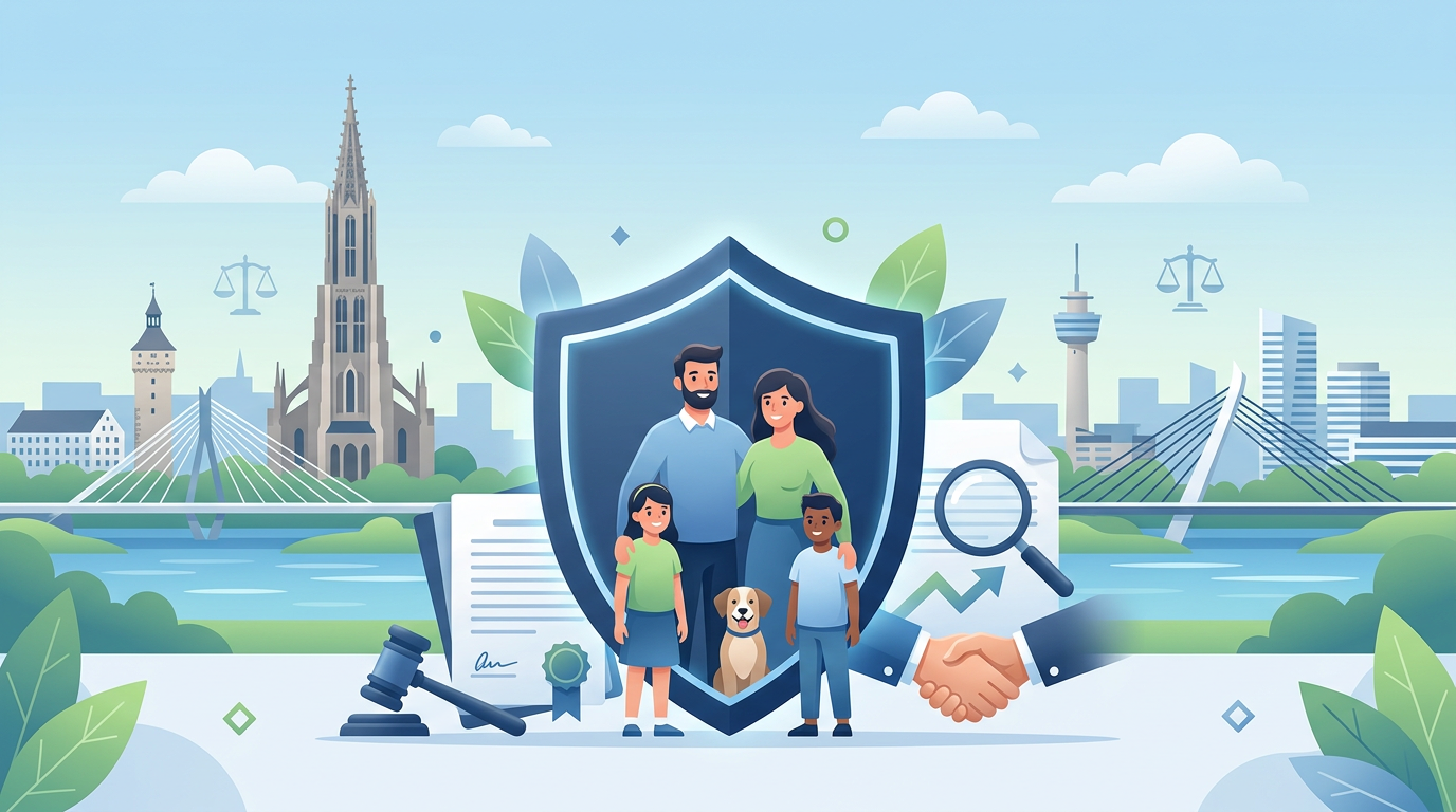 Familie mit Hund vor Schutzschild, im Hintergrund Ulm/Neu-Ulm Skyline mit Gerichts- und Versicherungs-Symbolen.