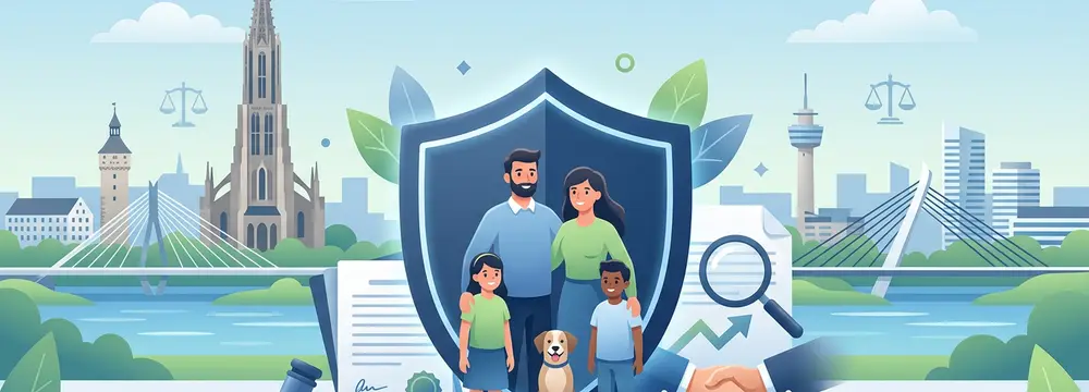 Familie mit Hund vor Schutzschild, im Hintergrund Ulm/Neu-Ulm Skyline mit Gerichts- und Versicherungs-Symbolen.