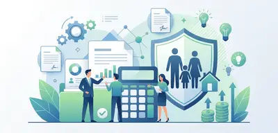 Personen diskutieren Finanzplanung, Vorsorge und Familienabsicherung mit Rechner, Dokumenten, Geld und Schutzschild.