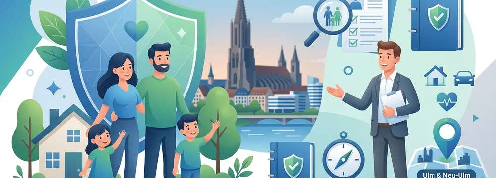 Familie trifft Versicherungsmakler vor Ulmer Skyline, um Schutz für Zuhause, Familie und Finanzen zu planen.