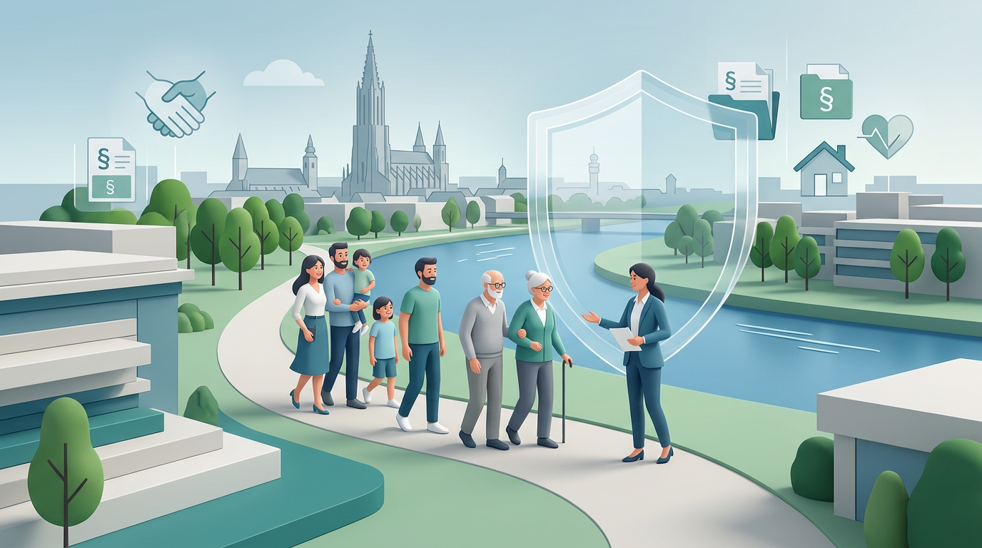 Familien treffen sich mit Vorsorgeberaterin, illustriert durch Ulm/Neu-Ulm Skyline, Fluss, grüne Bereiche, Schutzsymbole.