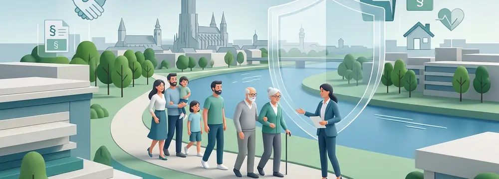 Familien treffen sich mit Vorsorgeberaterin, illustriert durch Ulm/Neu-Ulm Skyline, Fluss, grüne Bereiche, Schutzsymbole.