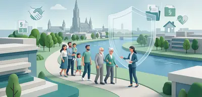 Familien treffen sich mit Vorsorgeberaterin, illustriert durch Ulm/Neu-Ulm Skyline, Fluss, grüne Bereiche, Schutzsymbole.