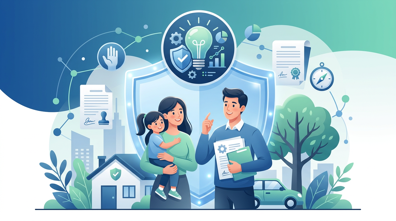 Familie in sicherer Umgebung mit Haus und Auto, Symbolen für Schutz, Wissen und Planung im Hintergrund.