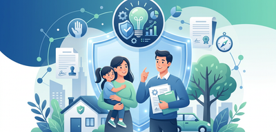 Familie in sicherer Umgebung mit Haus und Auto, Symbolen für Schutz, Wissen und Planung im Hintergrund.