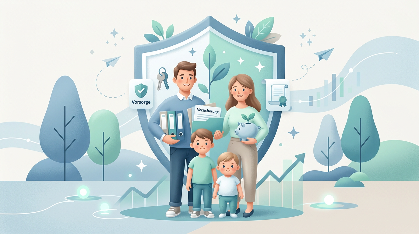 Familie mit Kindern, umgeben von Finanzsymbolen und einem Sicherheitsschild. Thema: Kindervorsorge und Versicherung.