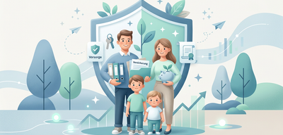 Familie mit Kindern, umgeben von Finanzsymbolen und einem Sicherheitsschild. Thema: Kindervorsorge und Versicherung.