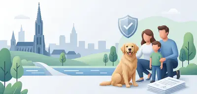 Familie mit Kind und Golden Retriever, Ulmer Münster im Hintergrund, Schutzschild und Dokumente.