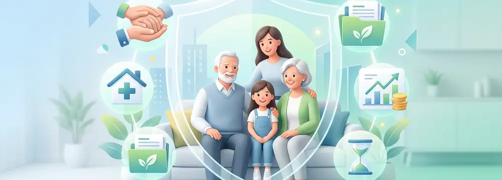 Familie (Großeltern, Mutter, Kind) unter Schutzschild, umgeben von Symbolen für Pflegevorsorge, Finanzen & Gesundheit.
