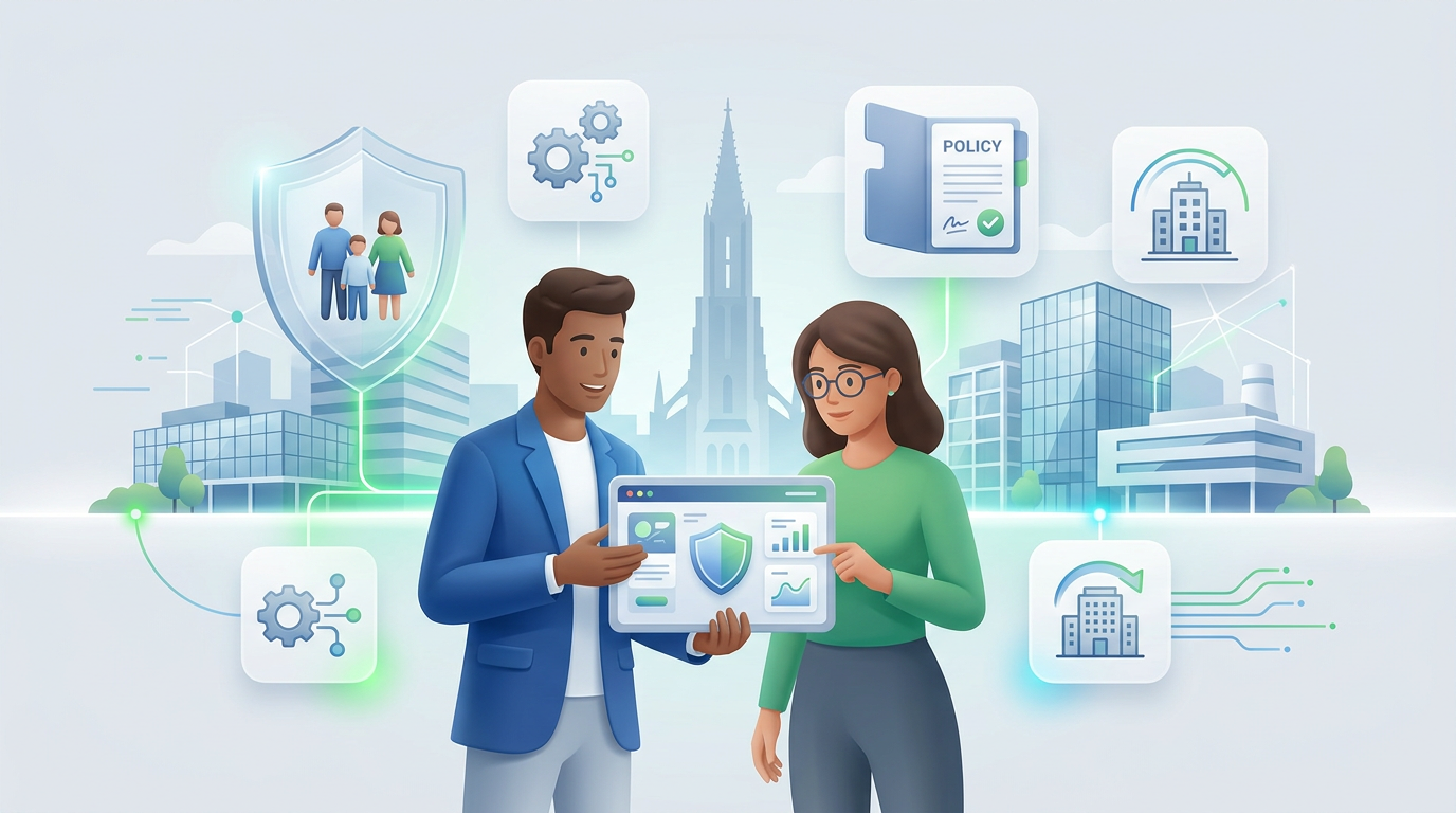Zwei Personen präsentieren digitale Versicherungsoptionen über einer städtischen Silhouette, inklusive dem Ulmer Münster.