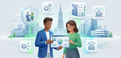 Zwei Personen präsentieren digitale Versicherungsoptionen über einer städtischen Silhouette, inklusive dem Ulmer Münster.