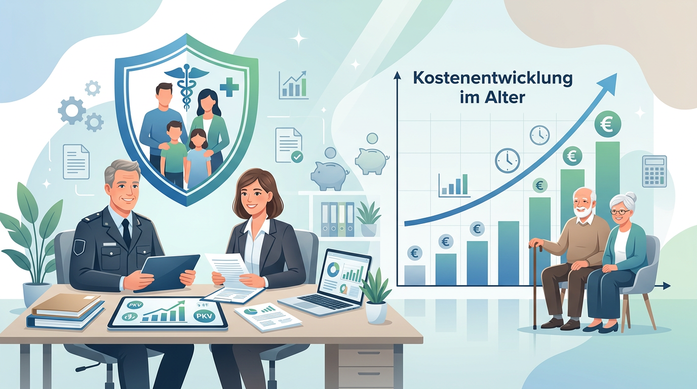 Beamter und Beraterin planen PKV-Kosten im Alter; steigende Kostenkurve, älteres Paar, Familie unter Schutzschild.