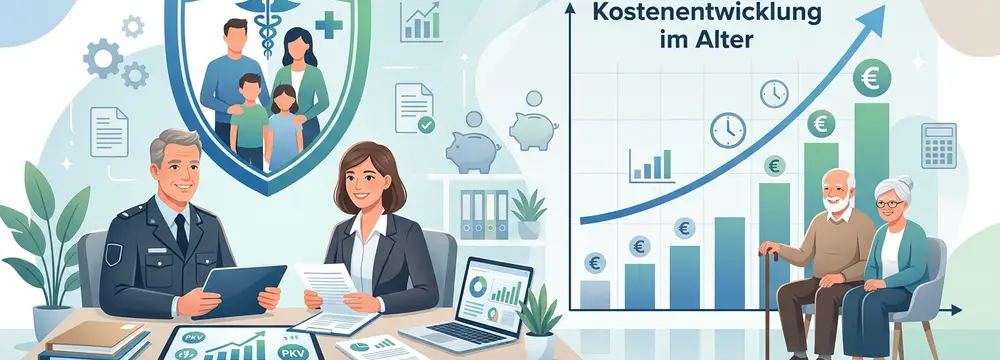 Beamter und Beraterin planen PKV-Kosten im Alter; steigende Kostenkurve, älteres Paar, Familie unter Schutzschild.