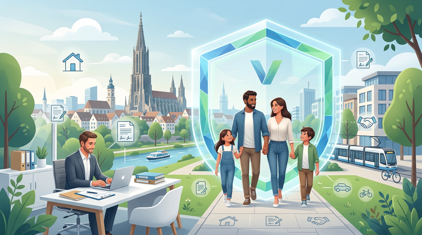 Familie, die unter einem Schutzschild durch Ulm spaziert, während ein Berater am Laptop Versicherungssymbole anzeigt.
