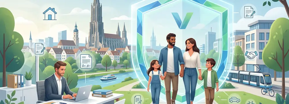 Familie, die unter einem Schutzschild durch Ulm spaziert, während ein Berater am Laptop Versicherungssymbole anzeigt.