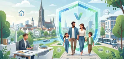 Familie, die unter einem Schutzschild durch Ulm spaziert, während ein Berater am Laptop Versicherungssymbole anzeigt.