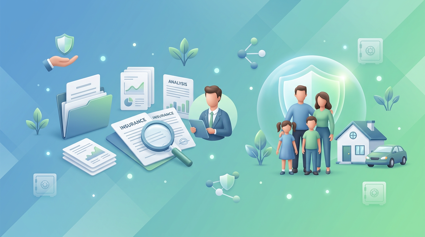 Illustration: Familie, Haus, Auto und diverses Versicherungsmaterial unter einem Schutzschild, mit Berater.