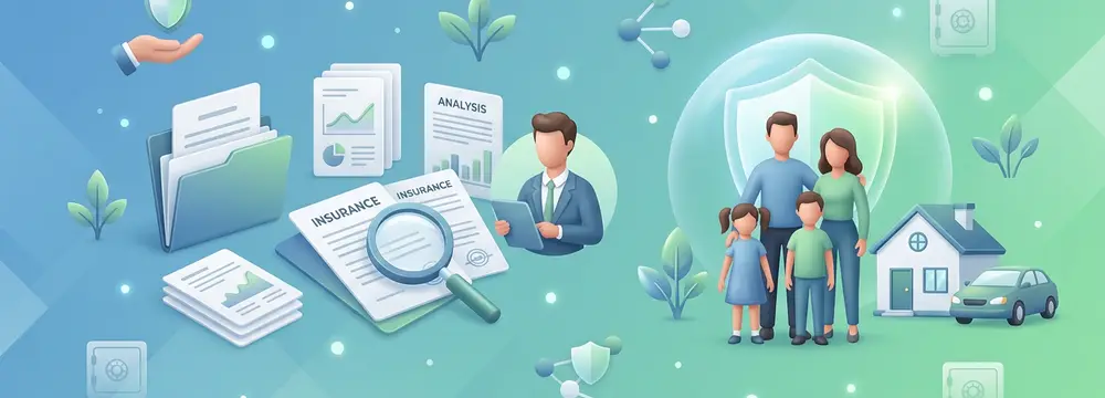 Illustration: Familie, Haus, Auto und diverses Versicherungsmaterial unter einem Schutzschild, mit Berater.