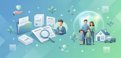 Illustration: Familie, Haus, Auto und diverses Versicherungsmaterial unter einem Schutzschild, mit Berater.
