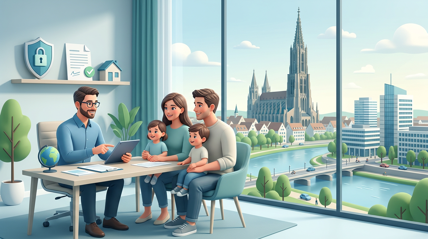 Familie bei der Versicherungsberatung, Ulm und Neu-Ulm im Hintergrund.