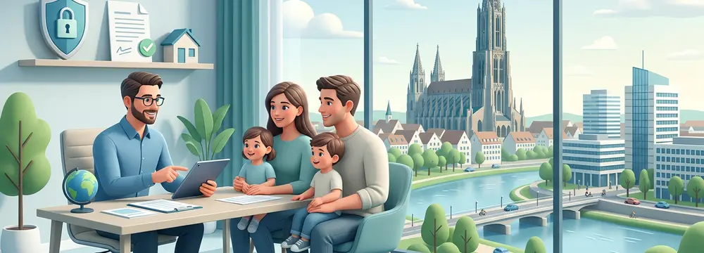 Familie bei der Versicherungsberatung, Ulm und Neu-Ulm im Hintergrund.