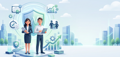 Zwei Berater vor einer Skyline, umgeben von Icons für Schutz, Finanzen und Familie, symbolisieren finanzielle Absicherung.