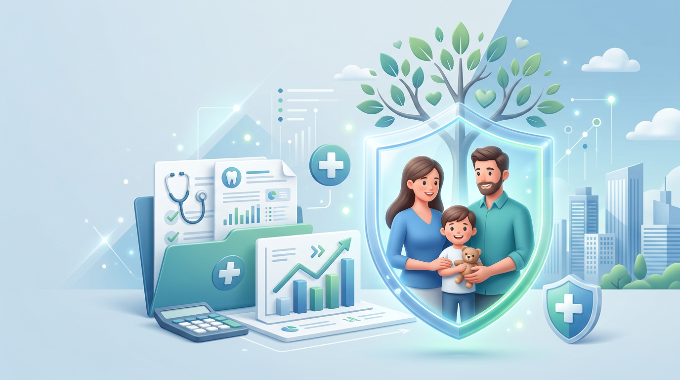 Familie im Schutzschild, umgeben von medizinischen Dokumenten, Wachstumsgraphen und Gesundheits-Symbolen.