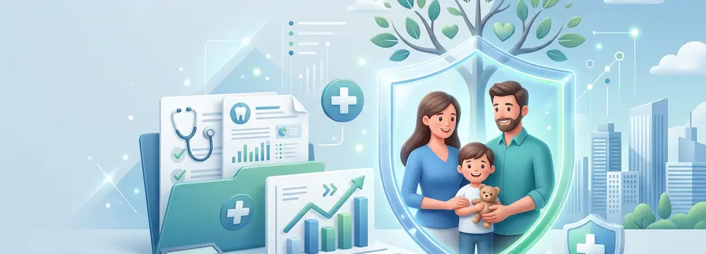Familie im Schutzschild, umgeben von medizinischen Dokumenten, Wachstumsgraphen und Gesundheits-Symbolen.