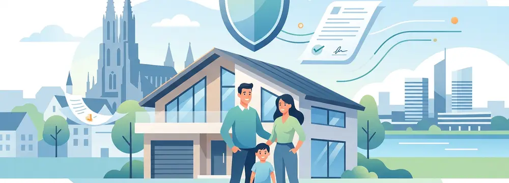 Familie vor Haus, geschützt durch Versicherungsschild, mit Ulmer Münster und Neu-Ulm Skyline im Hintergrund.