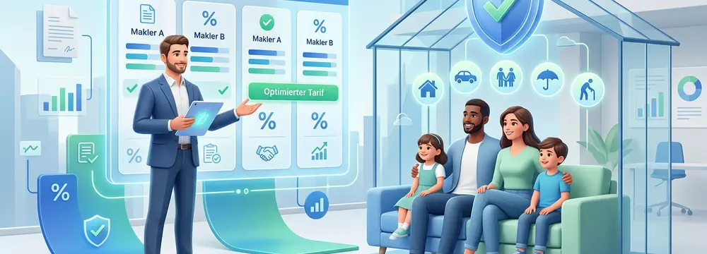Versicherungsmakler berät Familie vor einer Vergleichstabelle für optimierte Tarife, Haus-Symbol für Schutz.